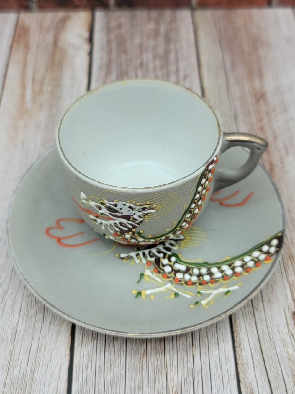 Occupied Japan Hand painted Gray Moriage Porcelain Dragonware Mini Cup & Saucer - Picture 7 of 12